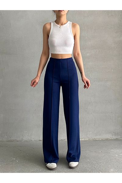 BEJNA Women's Navy Blue High Waist Ribbed Modal Pants