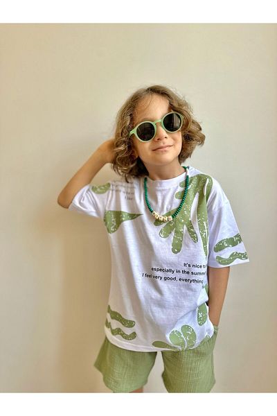 patriko tekstil Boy's Green Leaf Patterned Muslin Shorts Shorts T-Shirt Bottom Top Set