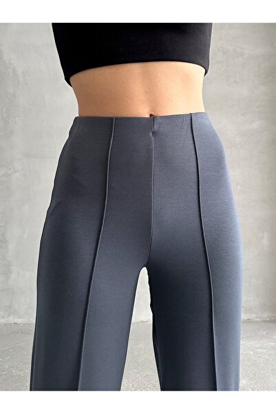 BEJNA Anthrazitfarbene, gerippte Modalhose mit hoher Taille für Damen