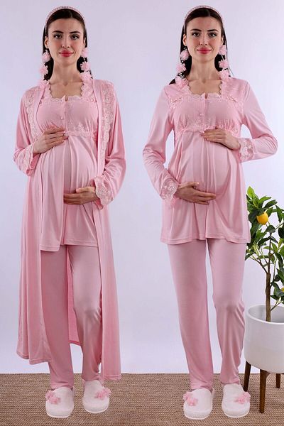 ByLohusa Effortt Pink Long Dressing Gown Maternity Pajama Set Byl 224072