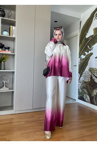 Aselim Hijap Moda Satin Shirt Color Transition Double Suit Pink