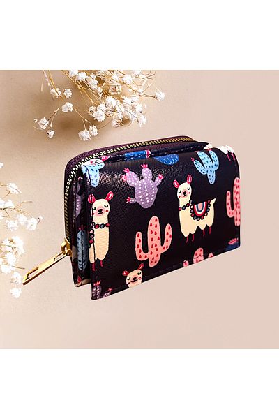 patriko tekstil Girl's Lama Printed Multi-Section Card Holder Coin & Paper Money Wallet
