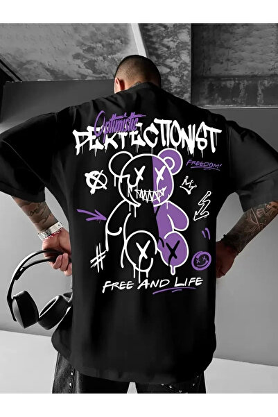 LUMİART Men's Oversizegraphic T-Shirt "Campbrastcooperation" Thick Lettering Crew Neck, Short Sleeve, Thick Purple and