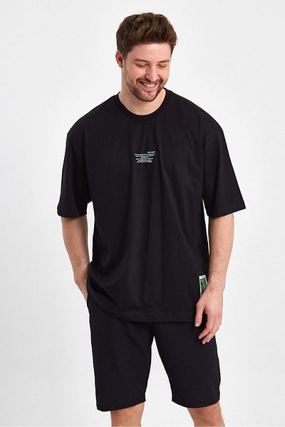 THE RULE Ανδρικό σημείωμα στο Myself με στάμπα Oversize 100% βαμβακερό φαρδύ φαρδύ κομμένο λαιμόκοψη φαρδύ μαύρο μπλουζάκι