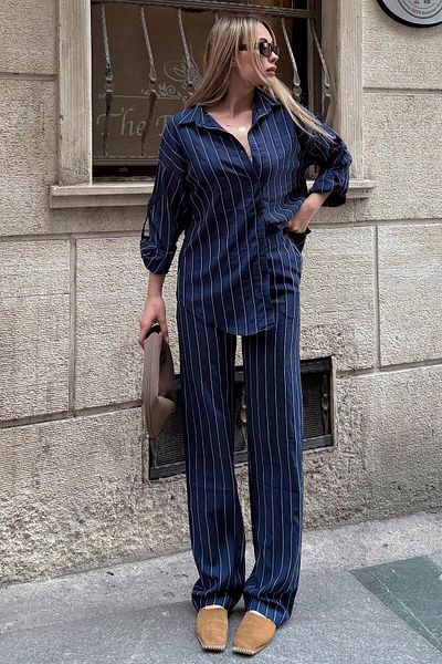 Swist Set de pantaloni și cămăși cu dungi Blue Zeya pentru femei Modal