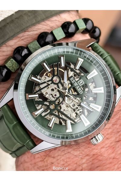 Reward Green Leather Cord, Auto (Without Battery), 5 Atm, Men's Wristwatch Bracelet in Stylish Box Gift
