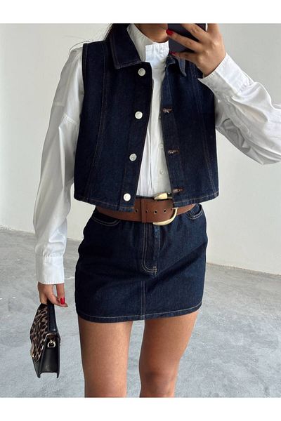 Melike Bakar Boutique Buttoned Denim Vest Skirt Set