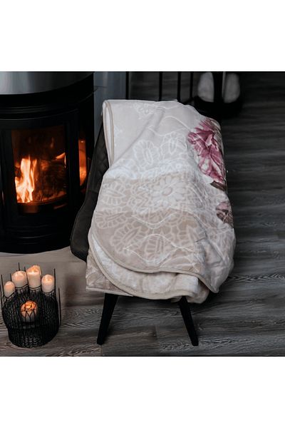 Brava Casa Royal Bloom Blanket, Cream with Pink Flowers, 200x240 cm, Soft, Warm, Oeko-Tex Certified, BravaCasa