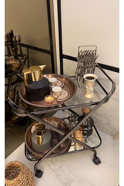 private house Taiwanese brown glossy glass steel tea trolley