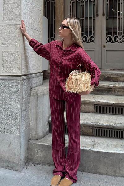 Swist Burgundy Zeya Striped Shirt-Pants Modal Women's Bottom Top Set