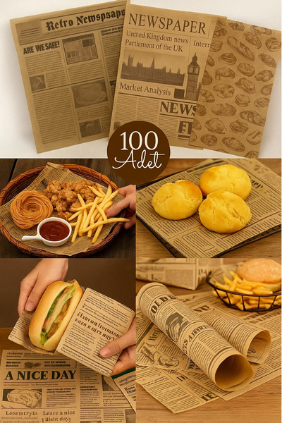 BEYZANA Kendinden Desenli Yağlı Kağıt | 100 Adet Vintage Gazete Desen Sunum K...