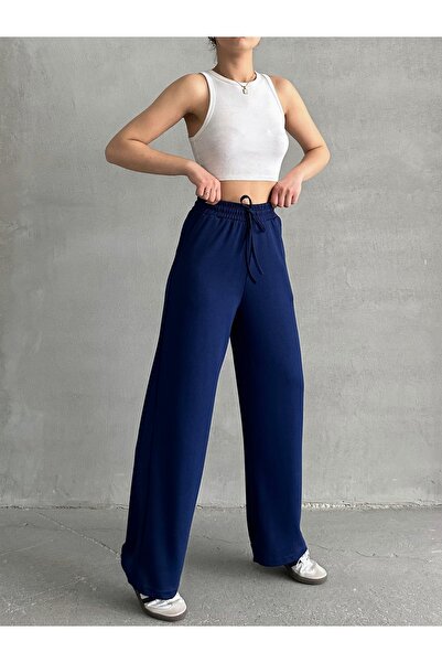 BEJNA Women's Navy Blue Wide Leg Modal Sweatpants