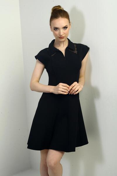 By Saygı Women's Half Zipper and Lace Detailed Self-Taped Short Flared Dress