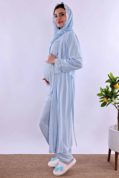 ByLohusa Effortt Mavi Tesettürlü Uzun Sabahlıklı Hamile Lohusa Pijama Takımı Byl2t24072