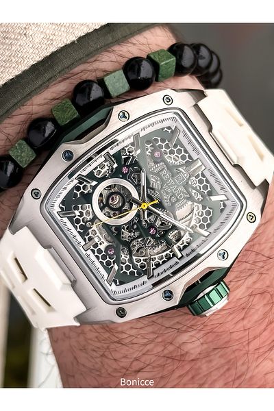 Reward White Silicone Band, Steel Case, Auto (No Battery), 5 Atm, Vip Men's Wristwatch with Bracelet Gift