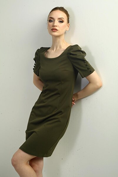 By Saygı Women's Boat Neck Sleeves Buttons Pleated Back Zipper Dress