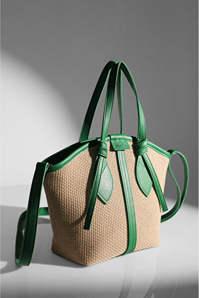 Rimense Women's Green Straw Lined Zippered Hand and Shoulder Bag