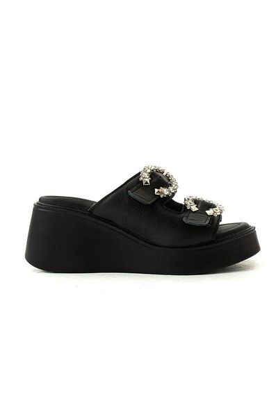 SEEM & BE Casie Genuine Leather Platform Wedge Heel Women's Black Slippers