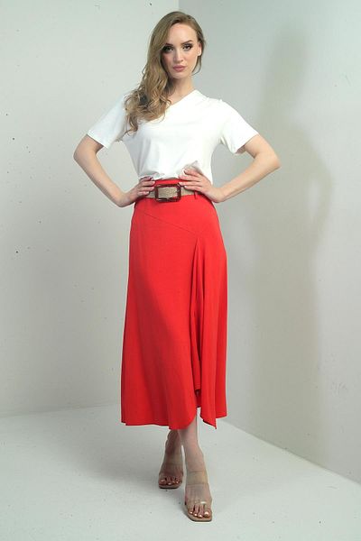 By Saygı Women's Long Loose Skirt with Belt at Waist, Zipper at Back and Slit at Front