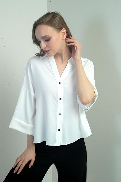 By Saygı Bluză din satin creponat pentru femei, cu guler polo, cu jumătate de mânecă dublă