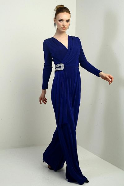 By Saygı Women's Double Breasted Collar Waist Stone Detailed Long Sleeve Wide Leg Lycra Jumpsuit