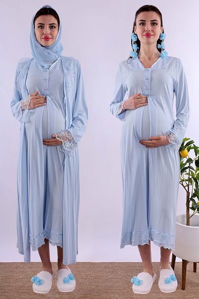 ByLohusa Effortt Blue Hijab și rochie de dimineață Set cămașă de noapte de maternitate Byl2t24252