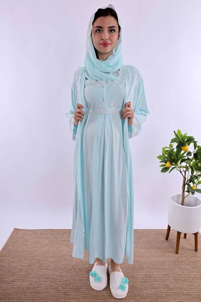 ByLohusa Effortt Turquoise Hijab and Dressing Gown Maternity Maternity Nightgown Set Byl2T24022