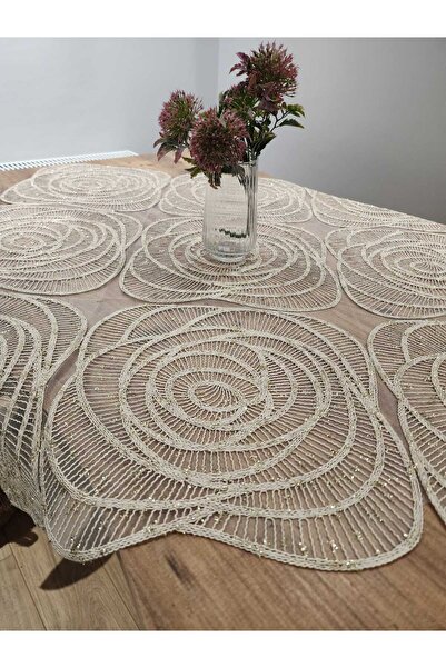 YALINSHOME lüx masa örtüsü ve fiskos dantel gold simli bej (sütlü kahve) 95x95cm