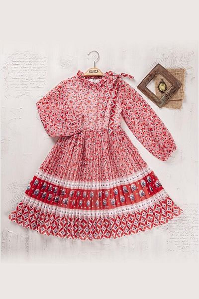 BAGLAN Girl's Floral Pleated Printed Dress Bgl-St04444