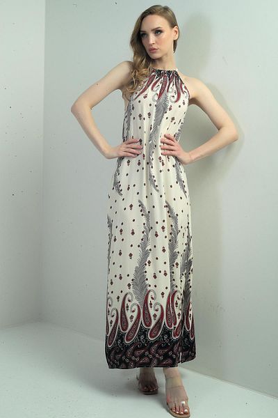 By Saygı Rochie lungă de damă, cu guler Halter, cu model de flori, cu buzunare