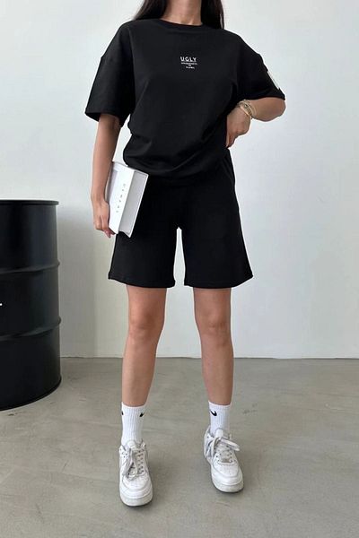 DUBU BUTİK Ugly printed μαύρο σορτς T-shirt Team Oversize T-shirt με λαιμόκοψη ομάδα Unisex