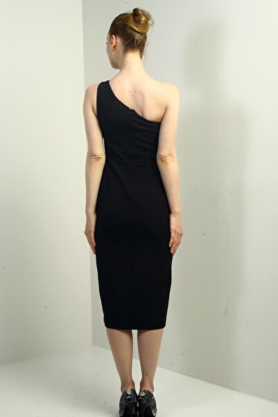 By Saygı Women's One Shoulder Floral Detailed Collar Front Slit Crepe Midi Dress