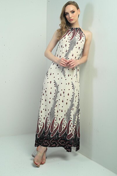 By Saygı Women's Halter Neck Tie-Up Floral Print Long Dress with Pockets