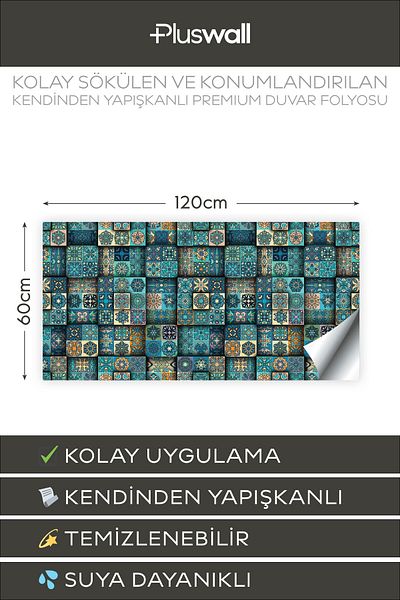 Pluswall Kitchen Countertop Foil, Tile Covering Foil, Ethnic 3D Tile Pattern |   60X120Cm