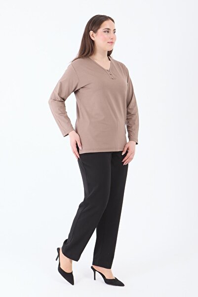 Ravencia Women's Middle Age and Above V-Neck Lycra Mink Mother Combed Cotton Blouse