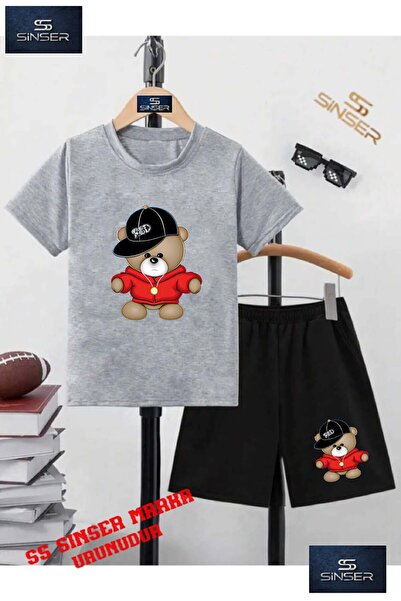 SS SİNSER Παιδικό μπλουζάκι με ιδιαίτερη στάμπα "CUTE BEAR RED HAT" - Σετ σορτς
