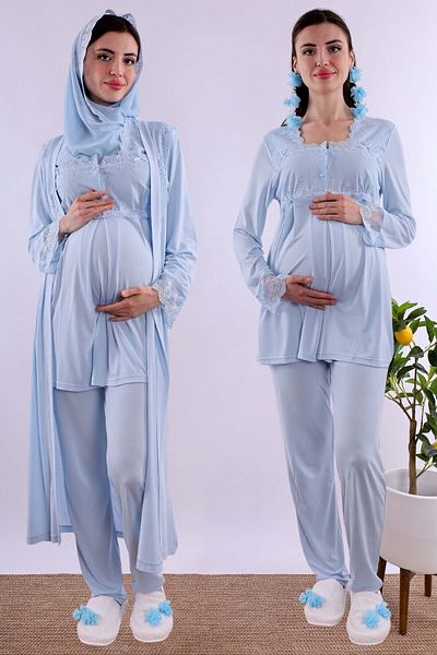 ByLohusa Set de pijamale de maternitate pentru maternitate Effortt cu hijab albastru și rochie lungă Byl2t24072