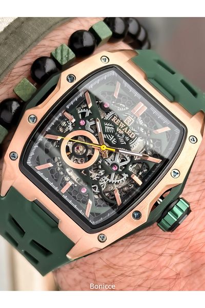 Reward Green Silicone Band, Steel Case, Auto (No Battery), 5 Atm, Vip Men's Wristwatch with Bracelet Gift