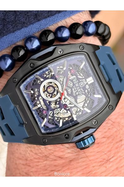 Reward Navy Blue Silicone Cord, Steel Case, Auto (Without Battery), 5 Atm, Vip Men Wristwatch Bracelet with Gift