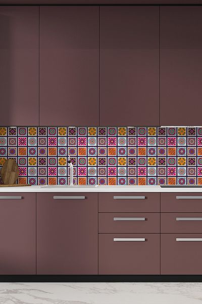 Pluswall Kitchen Countertop Foil, Tile Covering Foil, Floral Tile Pattern |   60X120Cm