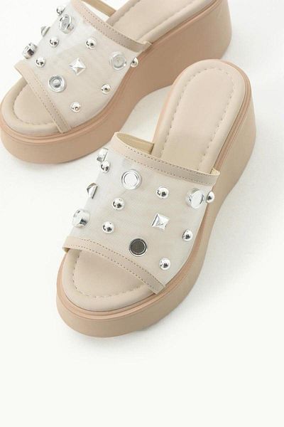 SEEM & BE Darcy Accessory Tulle Platform Wedge Heel Women's Beige Slippers