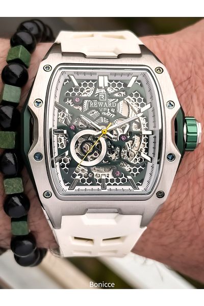Reward White Silicone Band, Steel Case, Auto (No Battery), 5 Atm, Vip Men's Wristwatch with Bracelet Gift