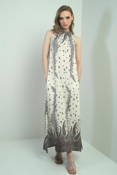 By Saygı Kadın Halter Yaka Bağlamalı Çiçek Desenli Cepli Uzun Elbise