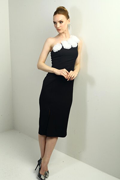 By Saygı Women's One Shoulder Floral Detailed Collar Front Slit Crepe Midi Dress