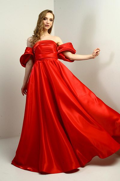 By Saygı Women's Low Balloon Sleeve Lined Satin Flared Long Dress with Pockets