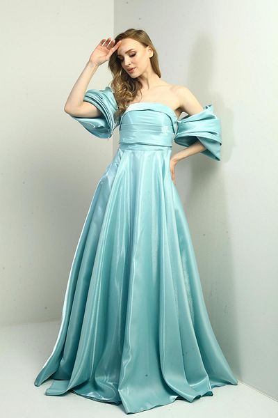By Saygı Women's Low Balloon Sleeve Lined Satin Flared Long Dress with Pockets