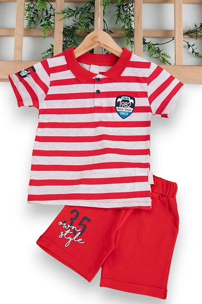 voyyo kids baby Boy's Casual Striped Polo Collar Stylish T-Shirt and Shorts Top and Bottom Set
