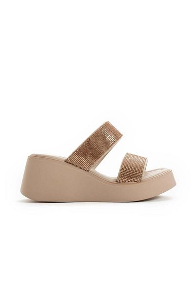 SEEM & BE Angie Shiny Stone Platform Wedge Heel Women's Nude Slippers