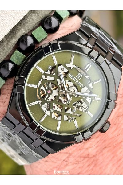Reward Black Steel Cord, Auto (Without Battery), 5 Atm, Vip Men Wrist Watch Bracelet with Gift