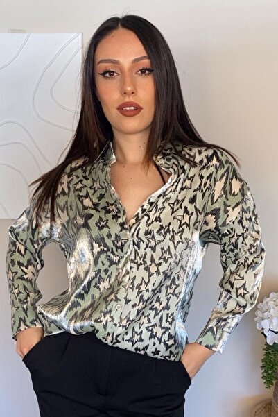 Ded COLLECTION Жіноча сорочка з довгими рукавами з атласної тканини з білим з...